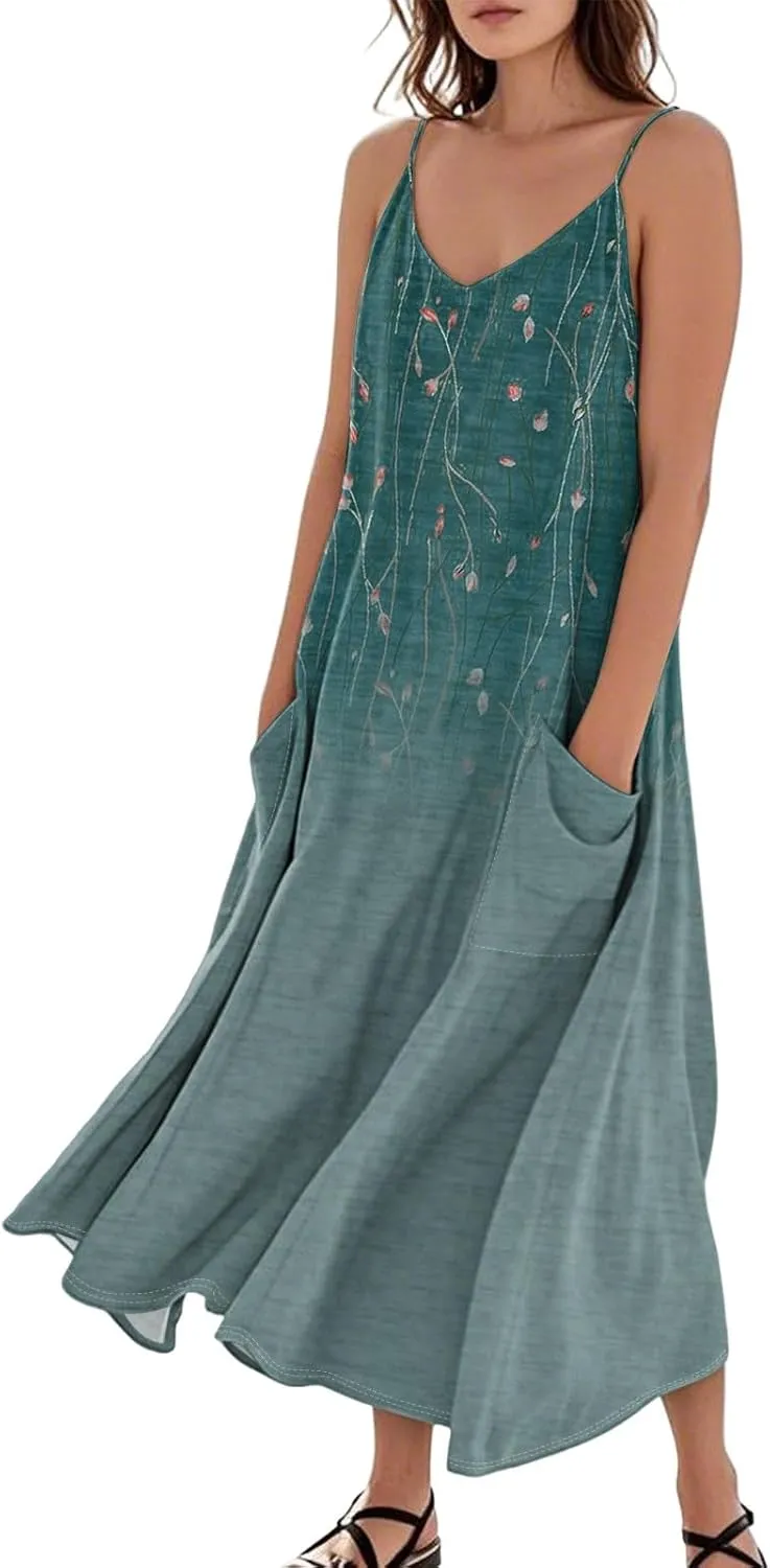 Summer Dresses for Women 2025 Trendy Floral Spaghetti Strap Maxi Sundresses Paisley Print Waist Sleeveless Dress with Pockets