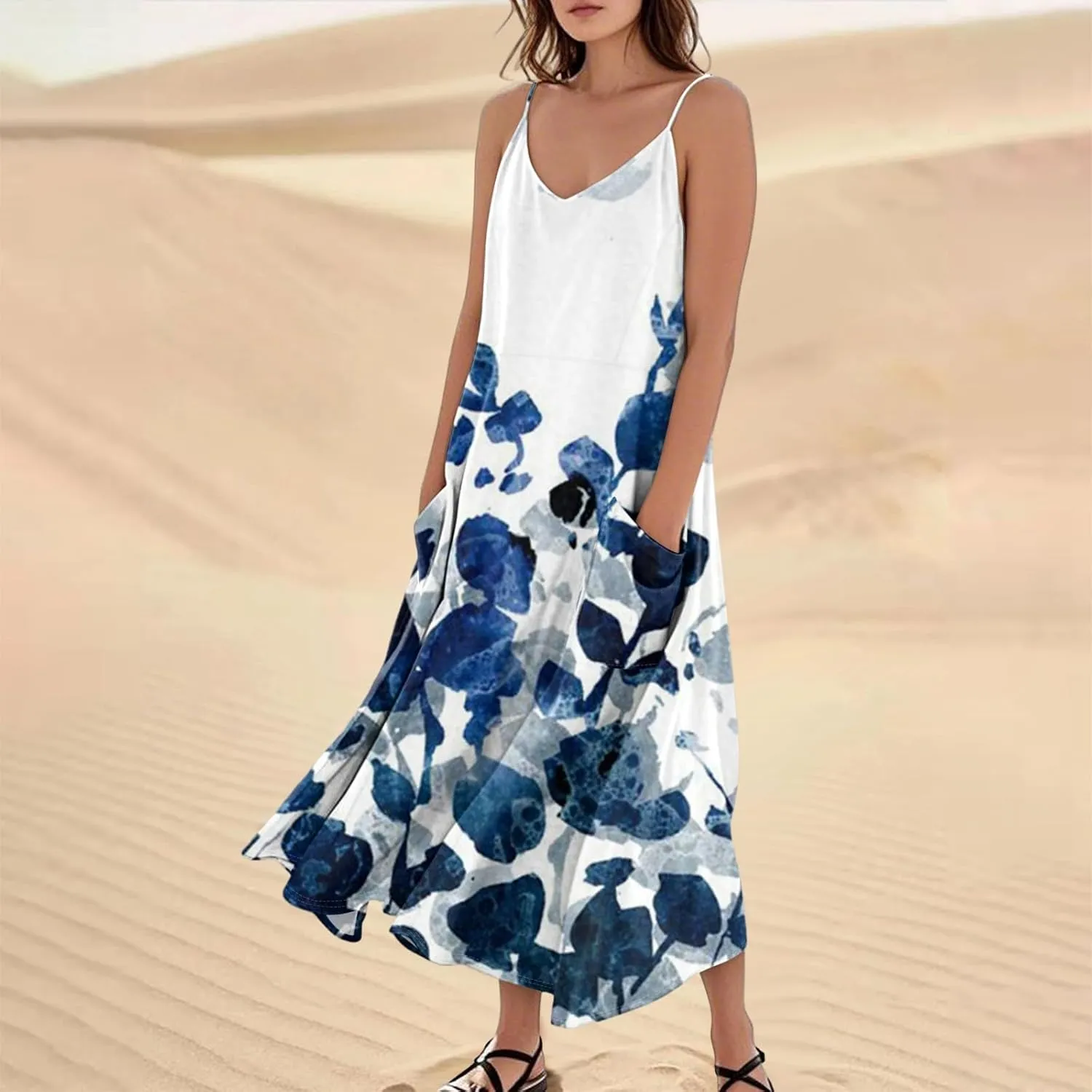 Summer Dresses for Women 2025 Trendy Floral Spaghetti Strap Maxi Sundresses Tropical Paisley Sleeveless Dress with Pockets