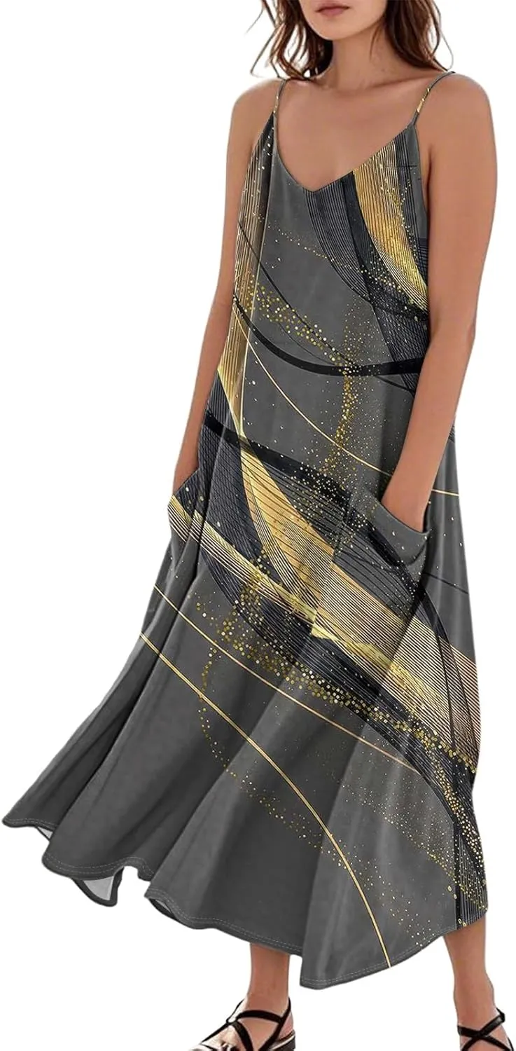 Summer Dresses for Women 2025 Trendy Floral Spaghetti Strap Maxi Sundresses Tropical Paisley Sleeveless Dress with Pockets