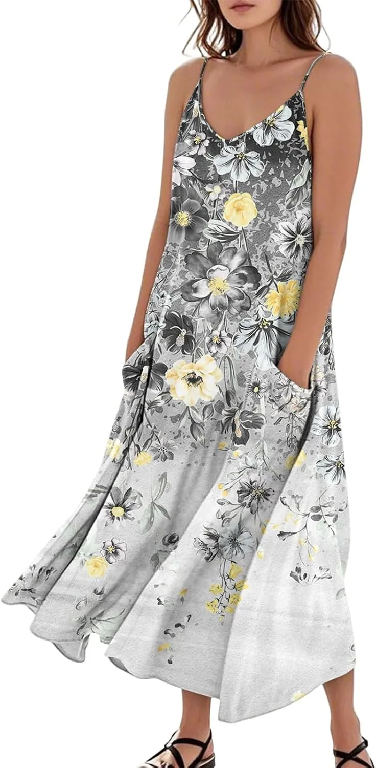 Summer Dresses for Women 2025 Trendy Floral Spaghetti Strap Maxi Sundresses Tropical Paisley Sleeveless Dress with Pockets