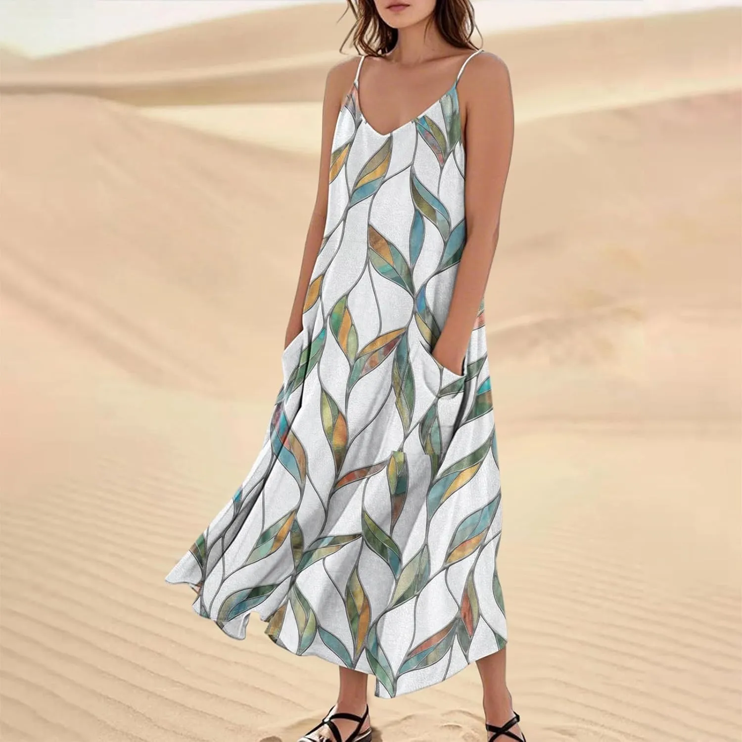 Summer Dresses for Women 2025 Trendy Floral Spaghetti Strap Maxi Sundresses Tropical Paisley Sleeveless Dress with Pockets