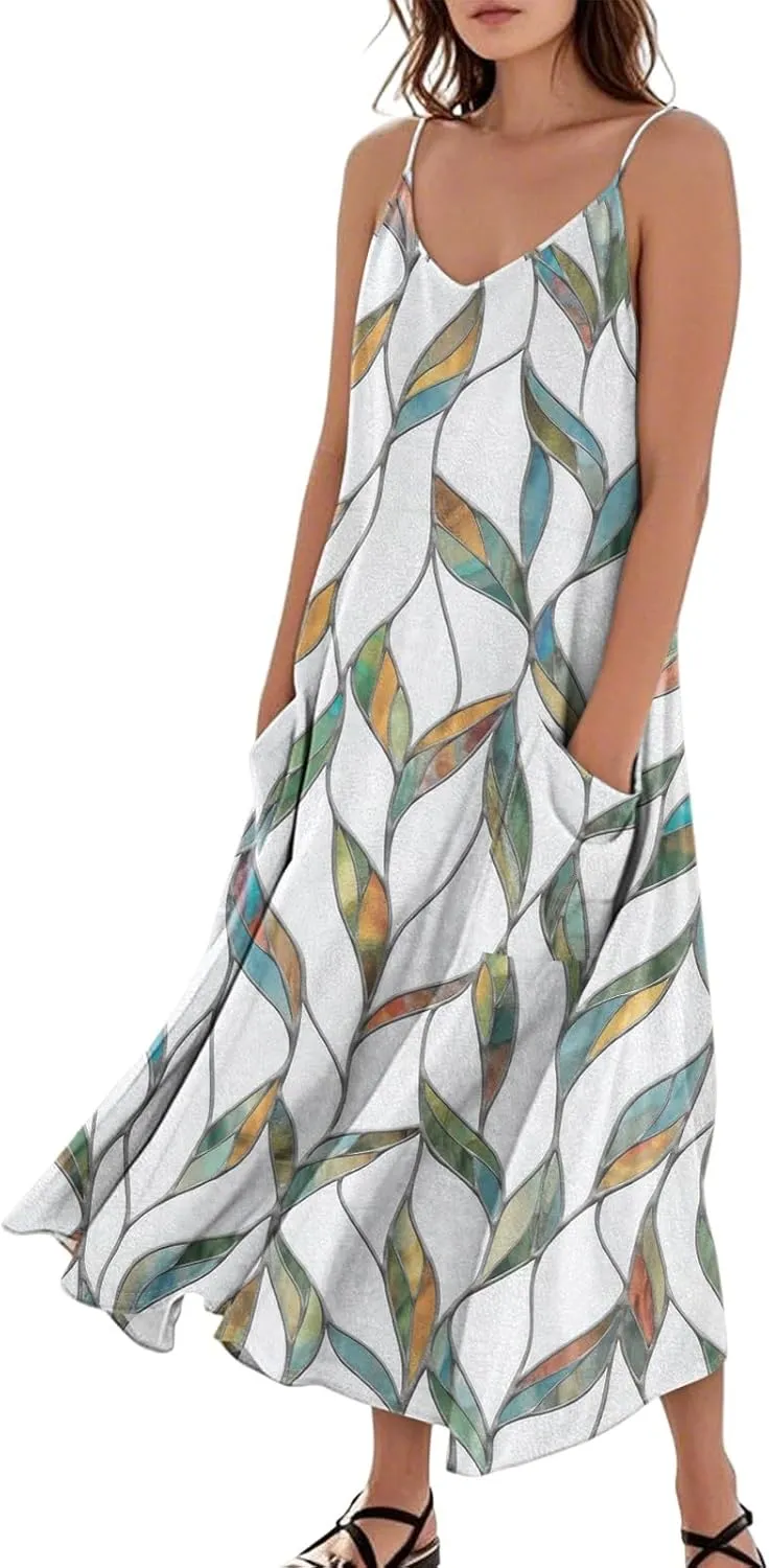 Summer Dresses for Women 2025 Trendy Floral Spaghetti Strap Maxi Sundresses Tropical Paisley Sleeveless Dress with Pockets