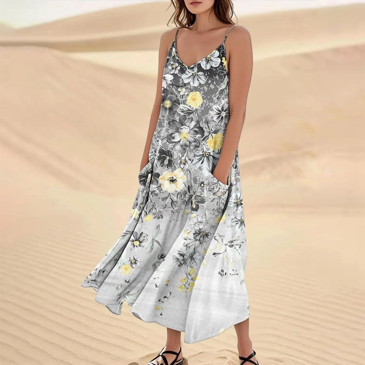 Summer Dresses for Women 2025 Trendy Floral Spaghetti Strap Maxi Sundresses Tropical Paisley Sleeveless Dress with Pockets