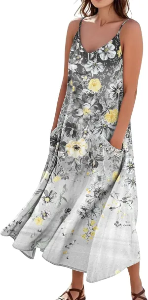 Summer Dresses for Women 2025 Trendy Floral Spaghetti Strap Maxi Sundresses Tropical Paisley Sleeveless Dress with Pockets