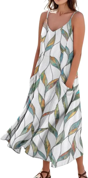 Summer Dresses for Women 2025 Trendy Floral Spaghetti Strap Maxi Sundresses Tropical Paisley Sleeveless Dress with Pockets