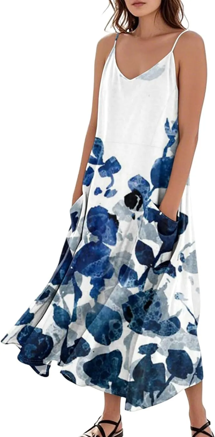 Summer Dresses for Women 2025 Trendy Floral Spaghetti Strap Maxi Sundresses Tropical Paisley Sleeveless Dress with Pockets