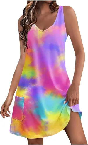 Sundresses for Women A Line Boho Floral Print Dresses Sleeveless Loose Fit Trendy Vintage Beach Dress