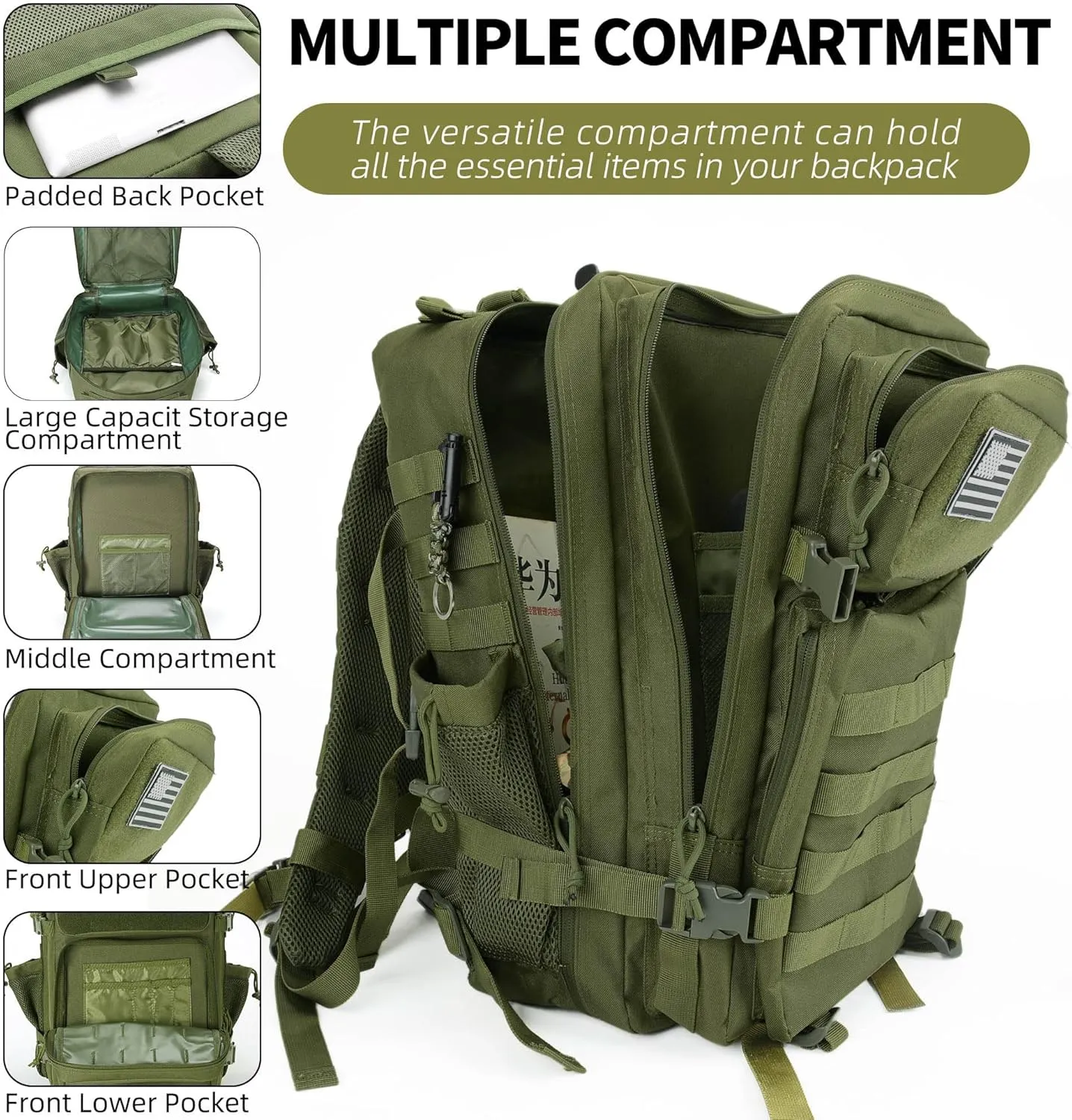 Tactical Backpack - Military Molle Bag 3 Days Pack for men and Women Large Assault Rucksack 45L (Green)