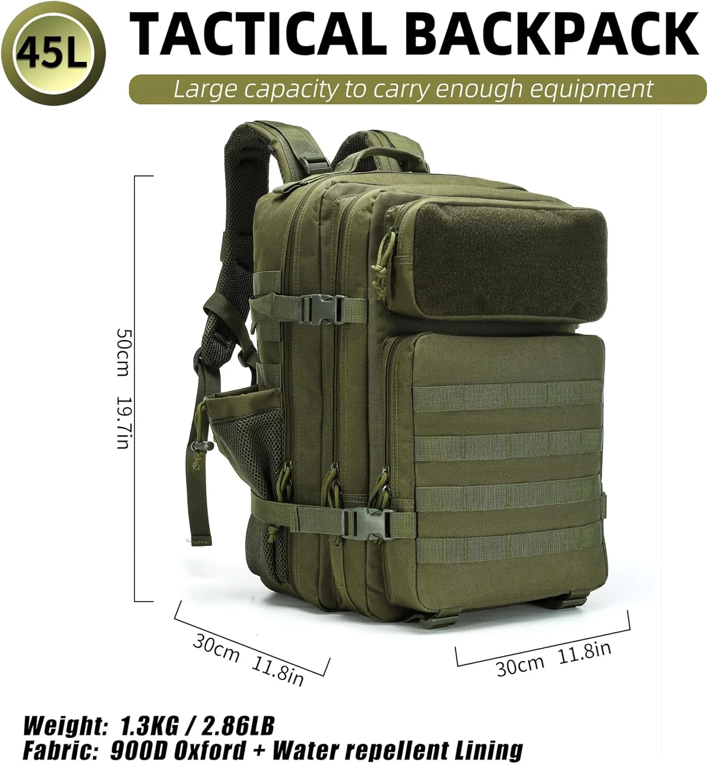 Tactical Backpack - Military Molle Bag 3 Days Pack for men and Women Large Assault Rucksack 45L (Green)