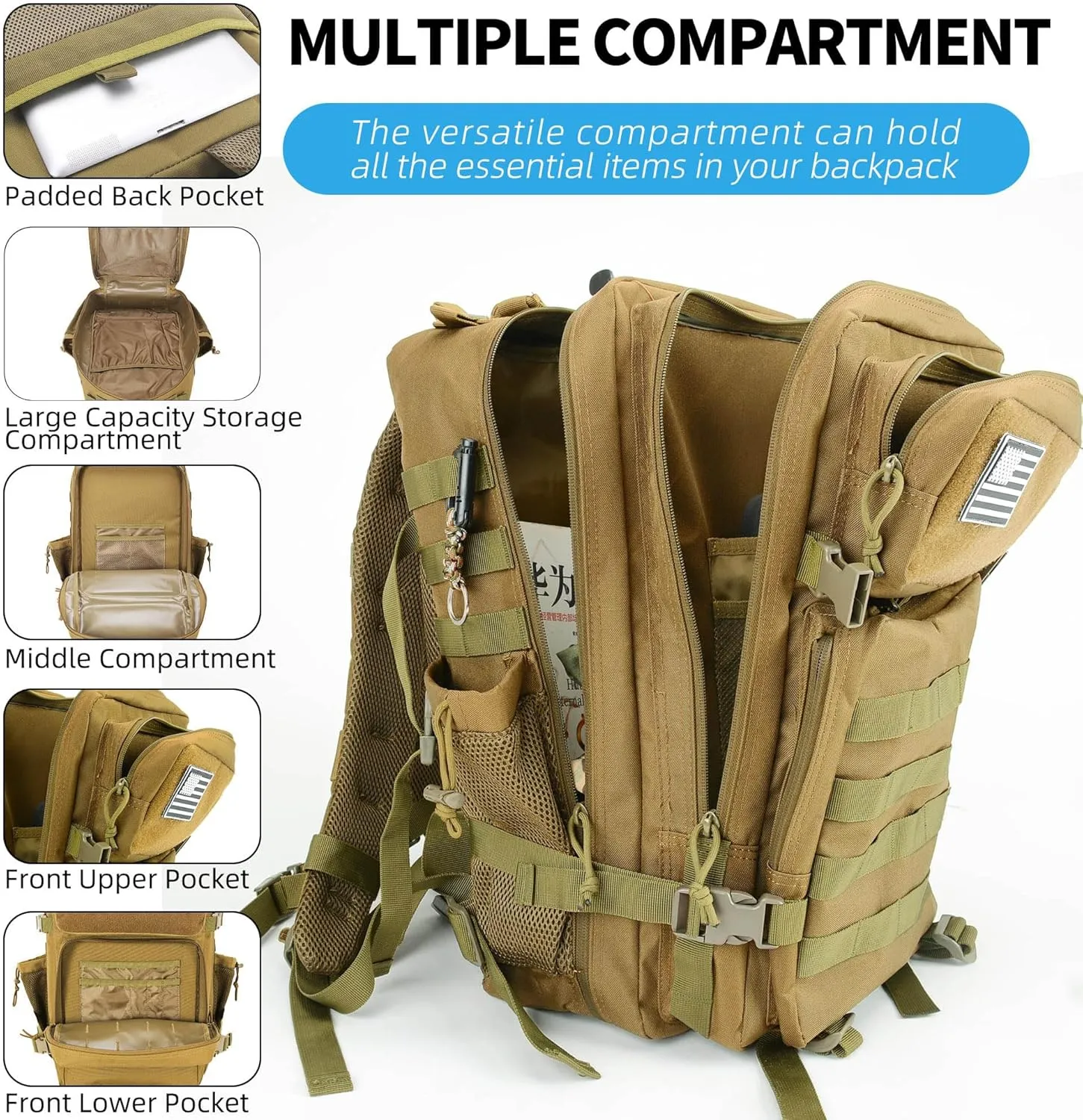 Tactical Backpack - Military Molle Bag 3 Days Pack for men and Women Large Assault Rucksack 45L (Khaki)