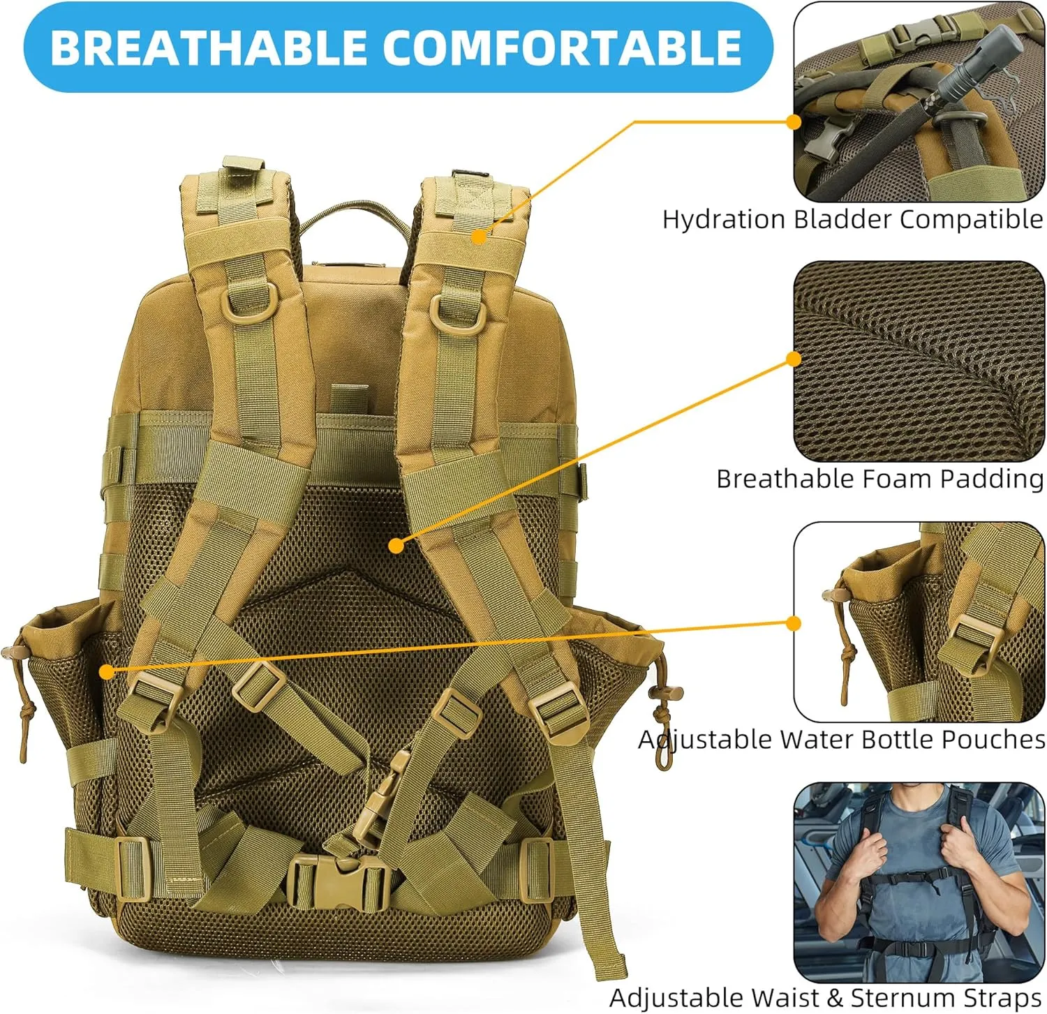 Tactical Backpack - Military Molle Bag 3 Days Pack for men and Women Large Assault Rucksack 45L (Khaki)
