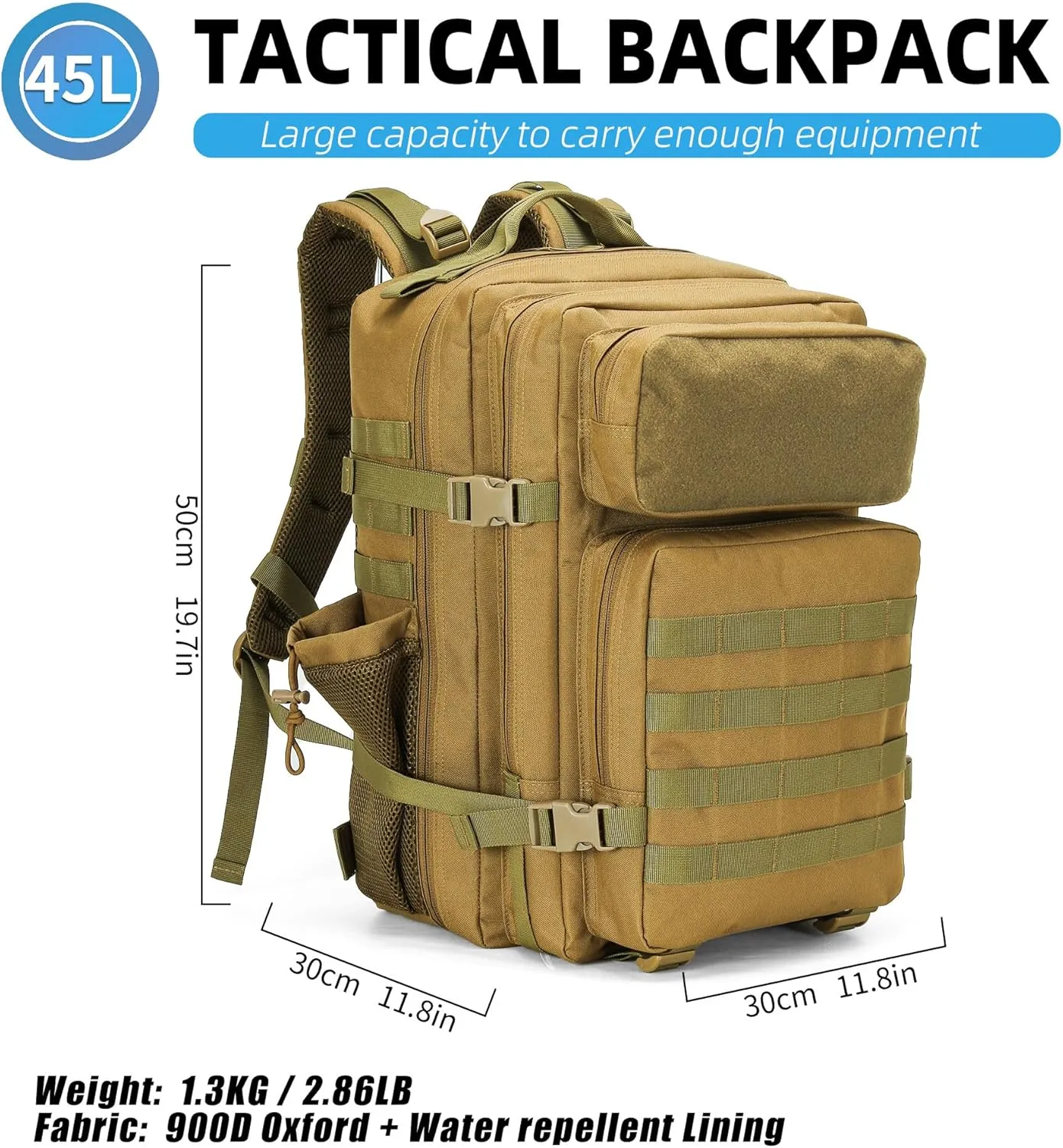 Tactical Backpack - Military Molle Bag 3 Days Pack for men and Women Large Assault Rucksack 45L (Khaki)