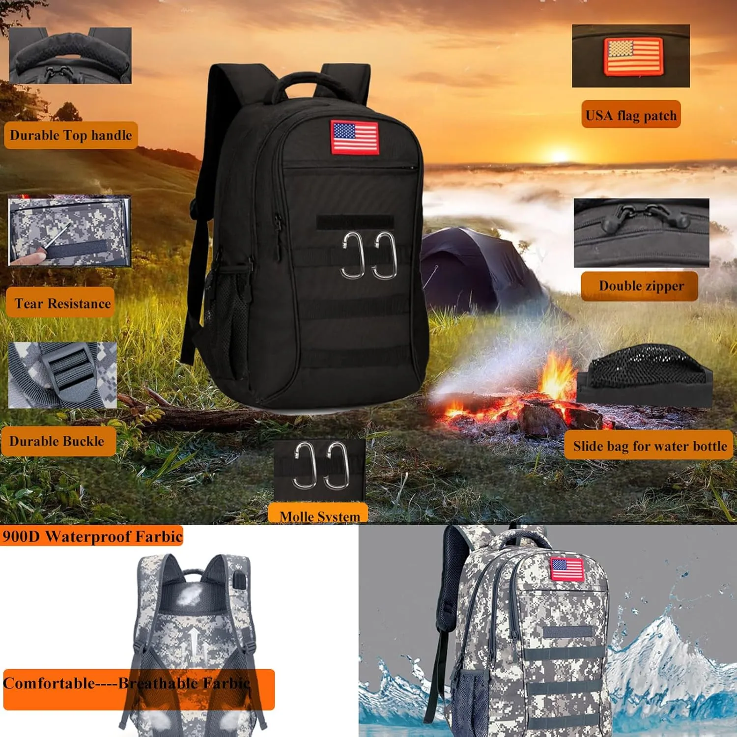 Tactical Backpack Molle Military Backpack,Camo Backpack Pack Bag Army Bookbag Daypack W/USB Port For Travel Trekking Camping Hunting (Black, 40L)