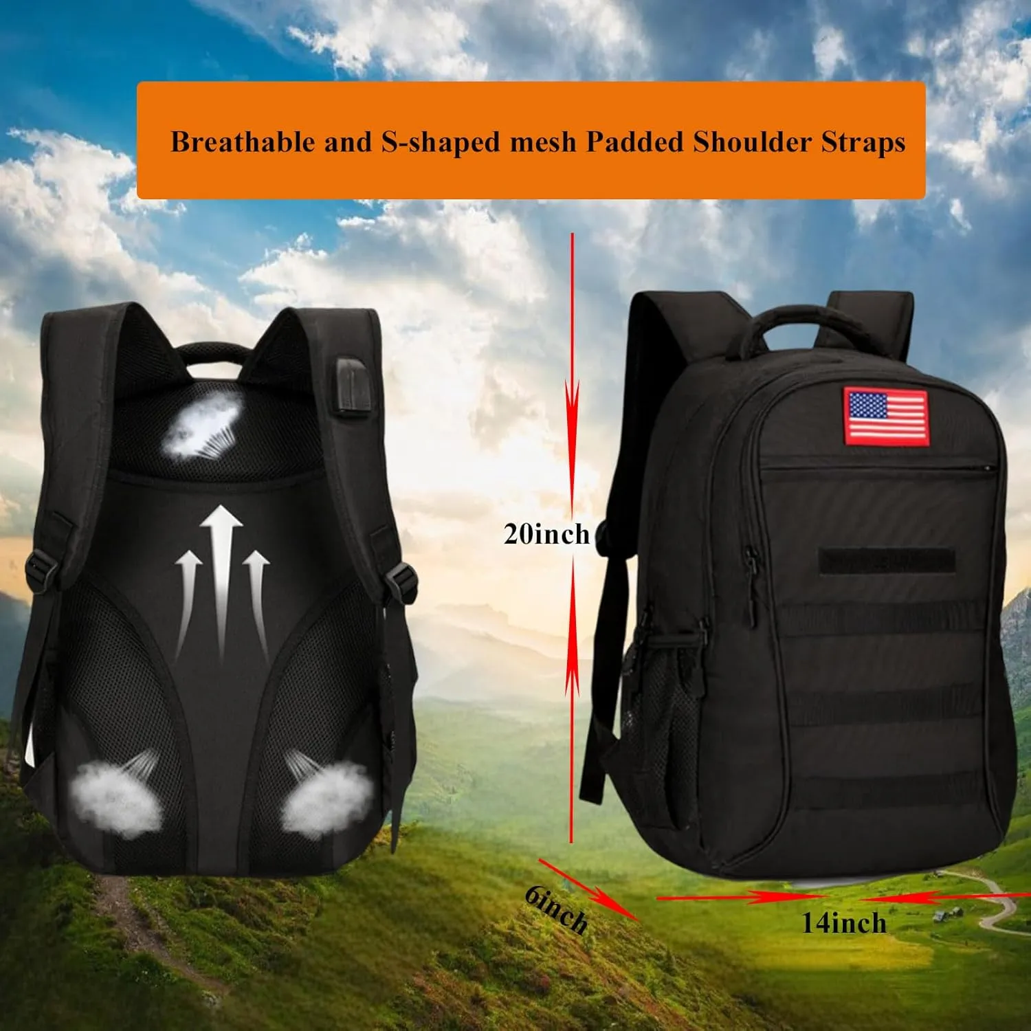 Tactical Backpack Molle Military Backpack,Camo Backpack Pack Bag Army Bookbag Daypack W/USB Port For Travel Trekking Camping Hunting (Black, 40L)