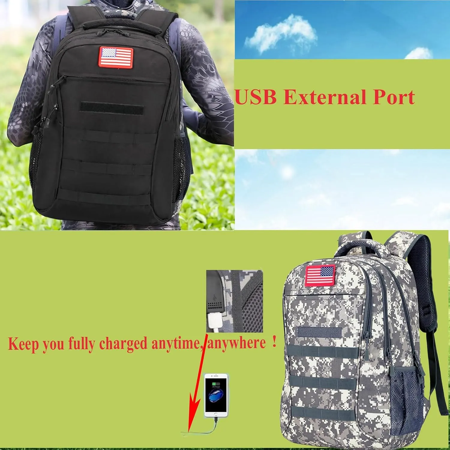 Tactical Backpack Molle Military Backpack,Camo Backpack Pack Bag Army Bookbag Daypack W/USB Port For Travel Trekking Camping Hunting (Black, 40L)