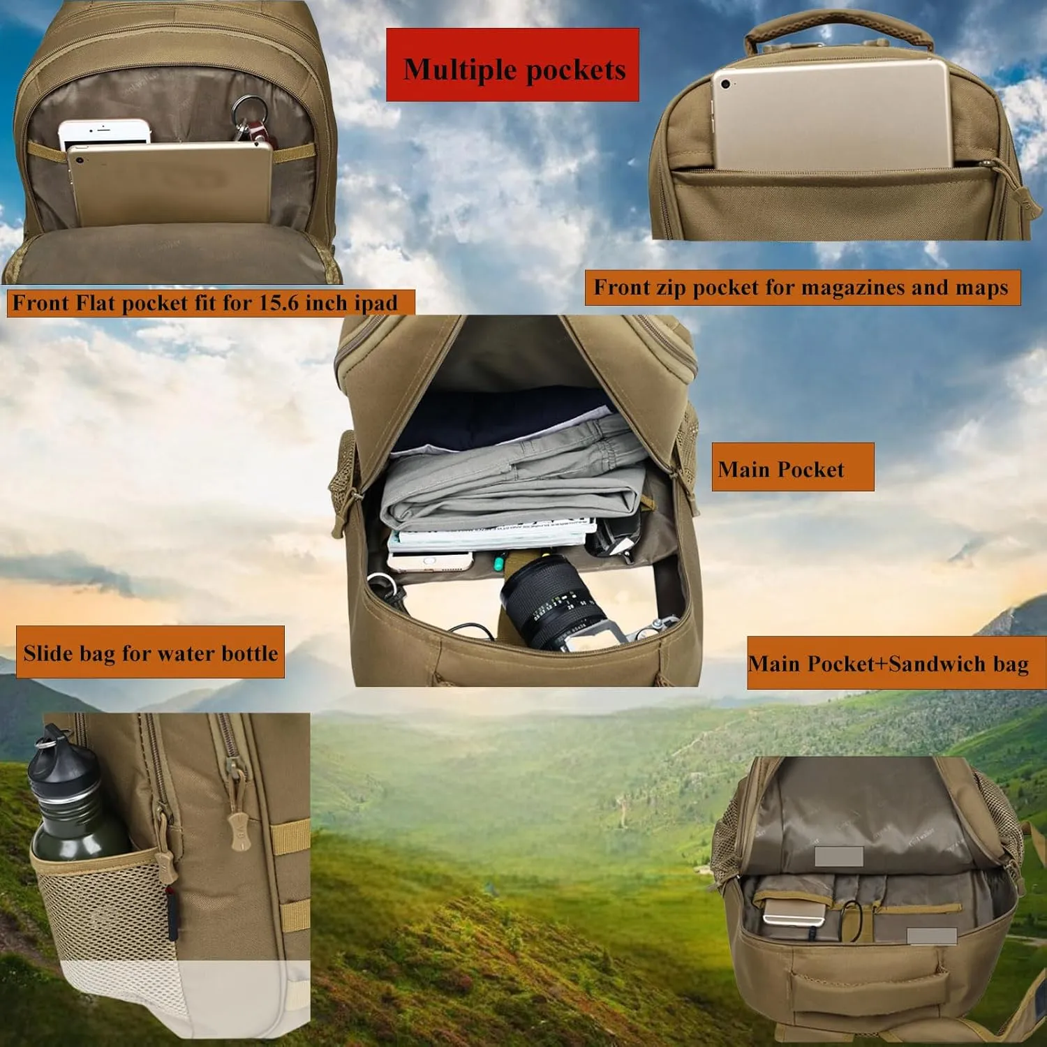 Tactical Backpack Molle Military Backpack,Camo Backpack Pack Bag Army Bookbag Waterproof Gym Daypack W/USB Port For Travel Trekking Camping Hunting (Brown, 40L)