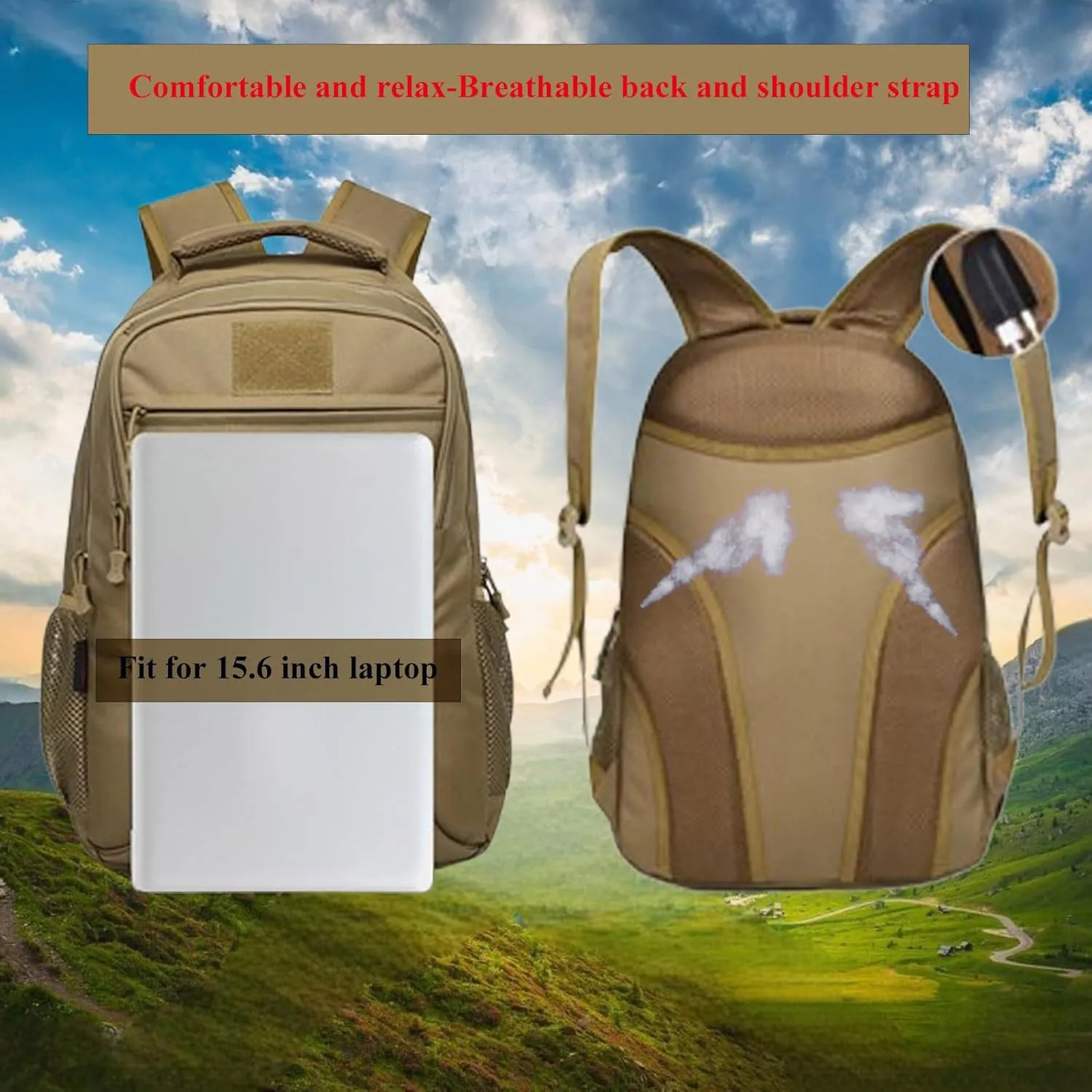 Tactical Backpack Molle Military Backpack,Camo Backpack Pack Bag Army Bookbag Waterproof Gym Daypack W/USB Port For Travel Trekking Camping Hunting (Brown, 40L)