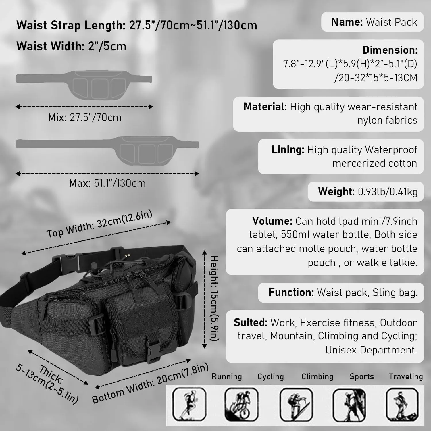 Tactical Fanny Pack, Military Outdoor Waist Bag Belt Packs Hip Bumbag Utility Bags with Adjustable Strap for Cycling Hiking Hunting (Black)