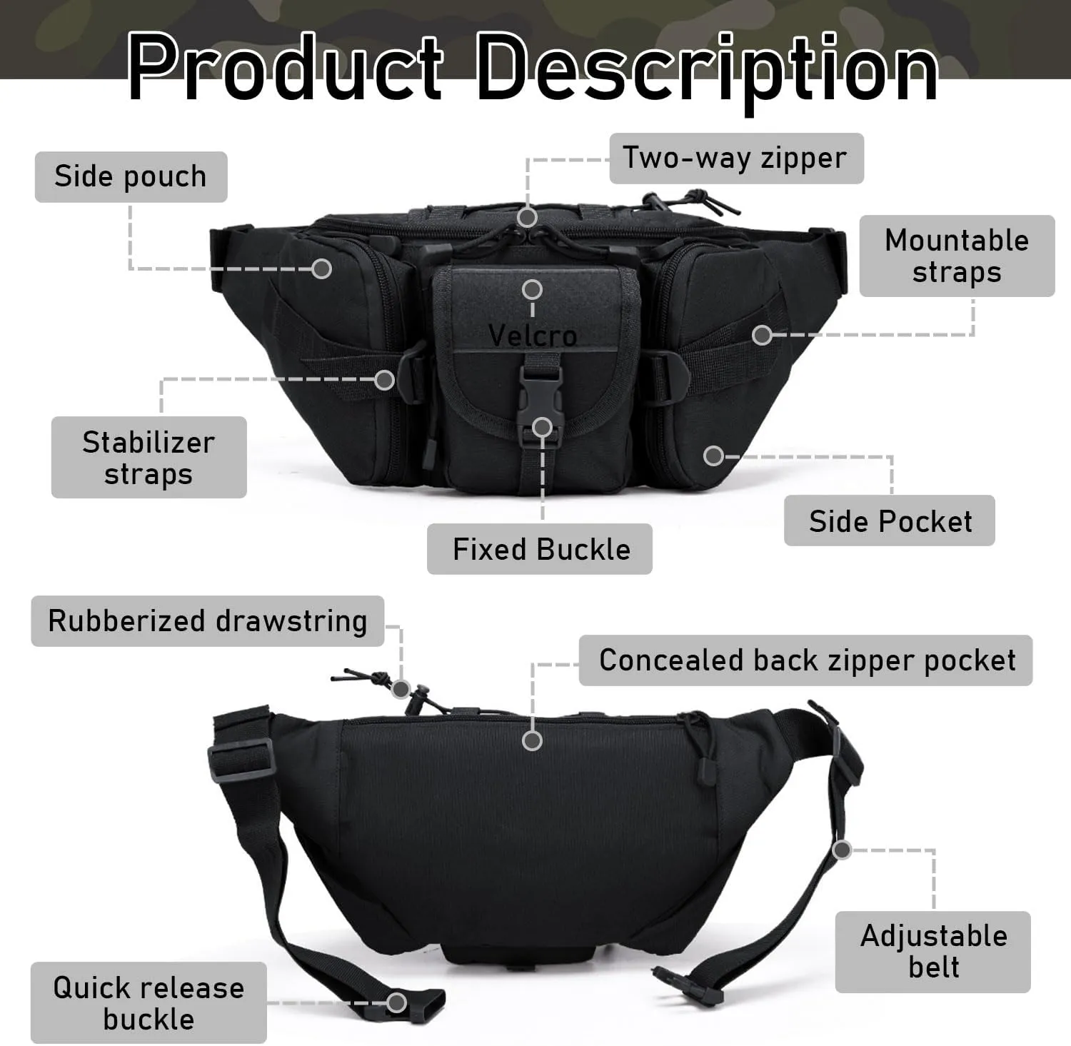 Tactical Fanny Pack, Military Outdoor Waist Bag Belt Packs Hip Bumbag Utility Bags with Adjustable Strap for Cycling Hiking Hunting (Black)
