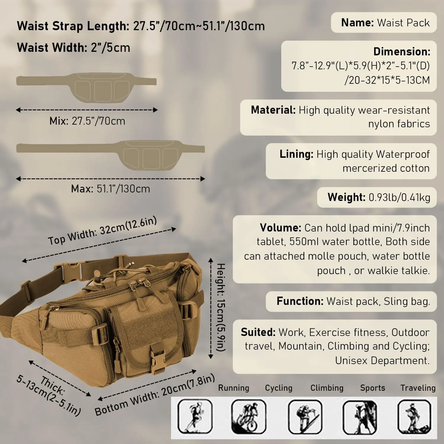 Tactical Fanny Pack, Military Outdoor Waist Bag Belt Packs Hip Bumbag Utility Bags with Adjustable Strap for Cycling Hiking Hunting (Brown)