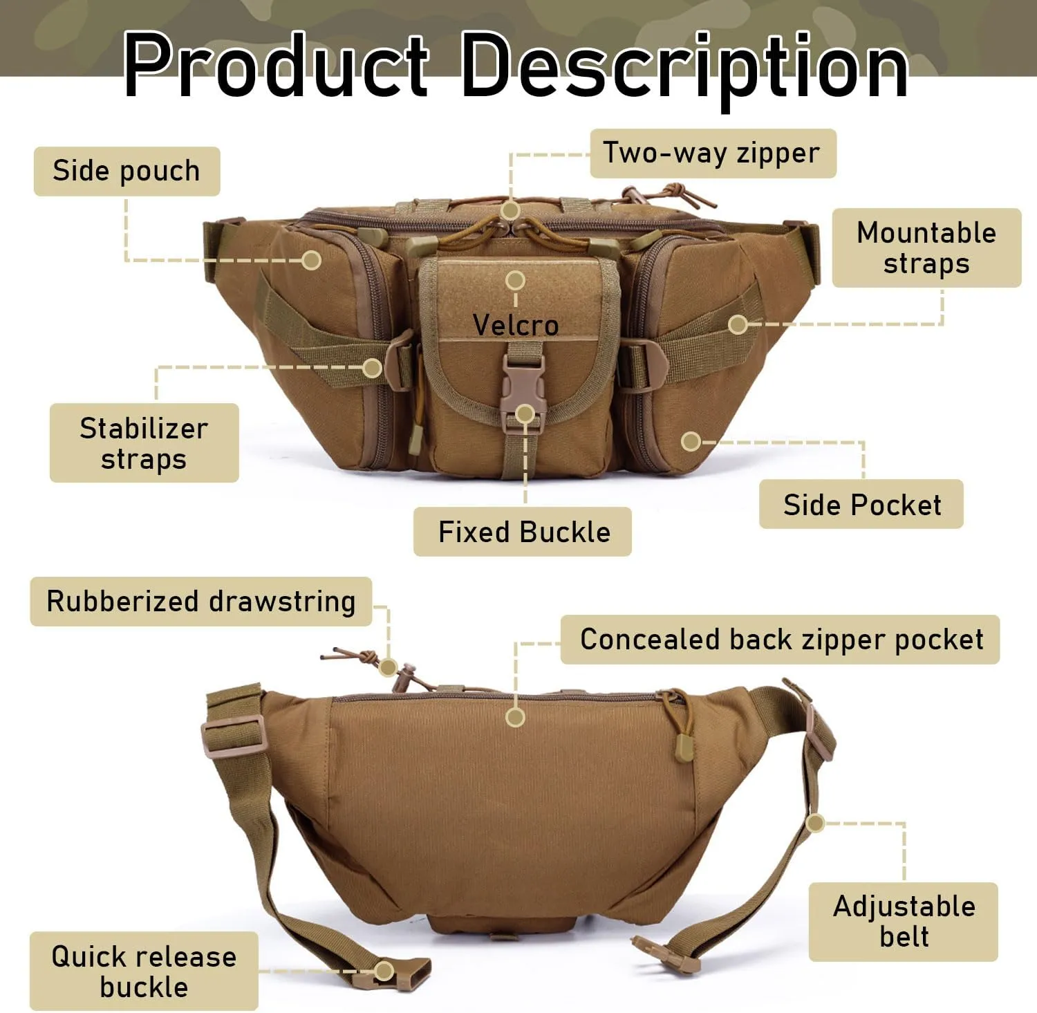 Tactical Fanny Pack, Military Outdoor Waist Bag Belt Packs Hip Bumbag Utility Bags with Adjustable Strap for Cycling Hiking Hunting (Brown)