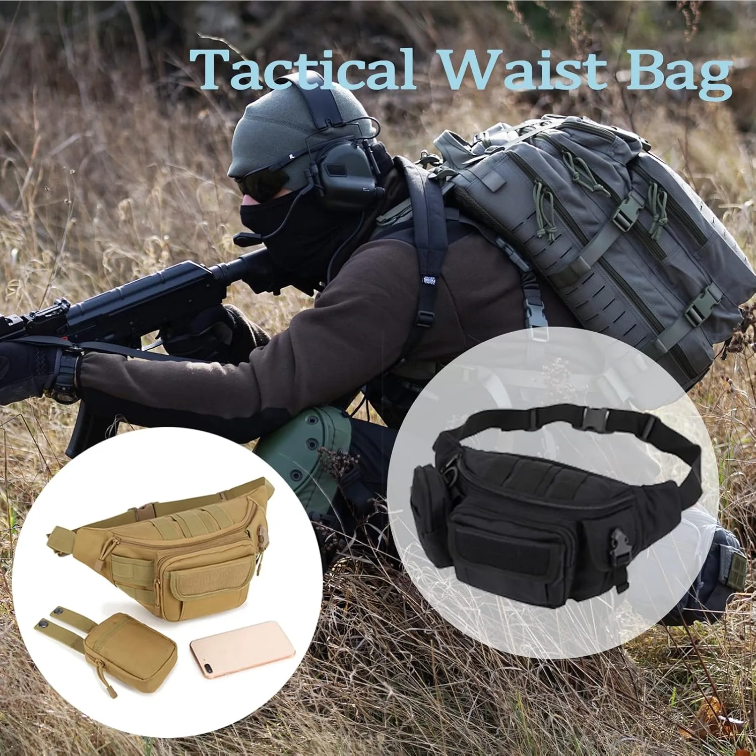 Tactical Fanny Packs, Military Waist Bag Utility Hip Belt Bags for Hiking Climbing Fishing Cycling Hunting with U.S Patch (CAIM0-A)