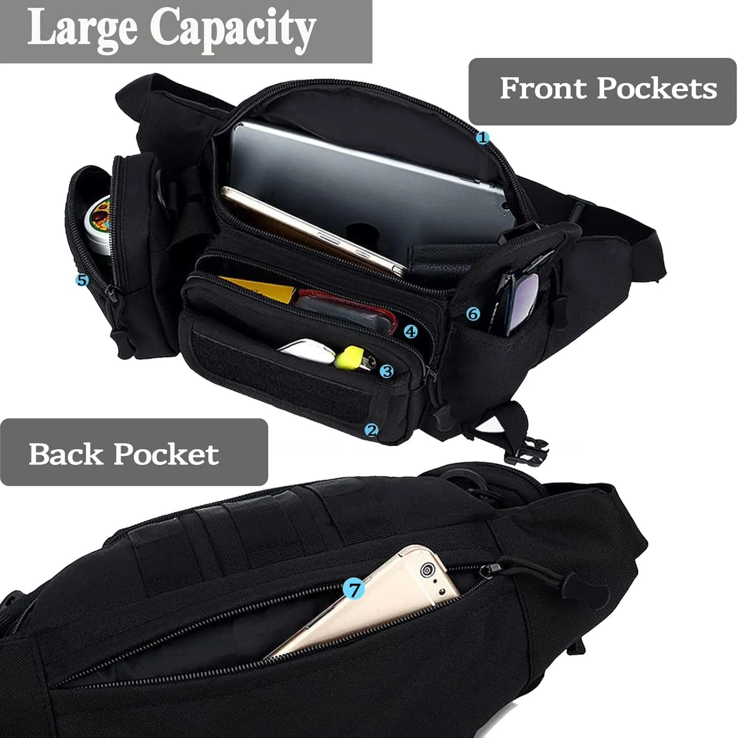 Tactical Fanny Packs, Military Waist Bag Utility Hip Belt Bags for Hiking Climbing Fishing Cycling Hunting with U.S Patch (CAIM0-A)