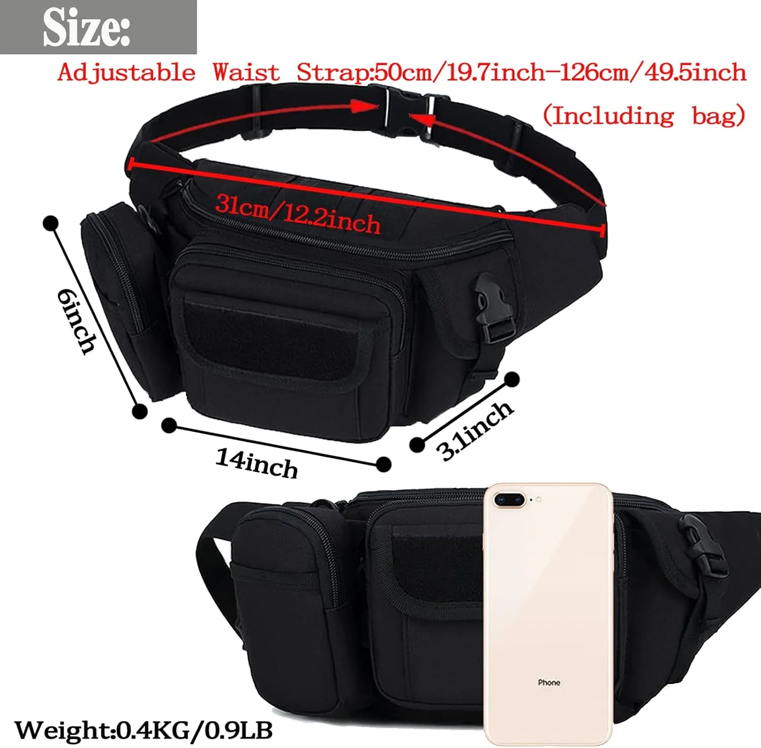 Tactical Fanny Packs, Military Waist Bag Utility Hip Belt Bags for Hiking Climbing Fishing Cycling Hunting with U.S Patch (CAIM0-A)