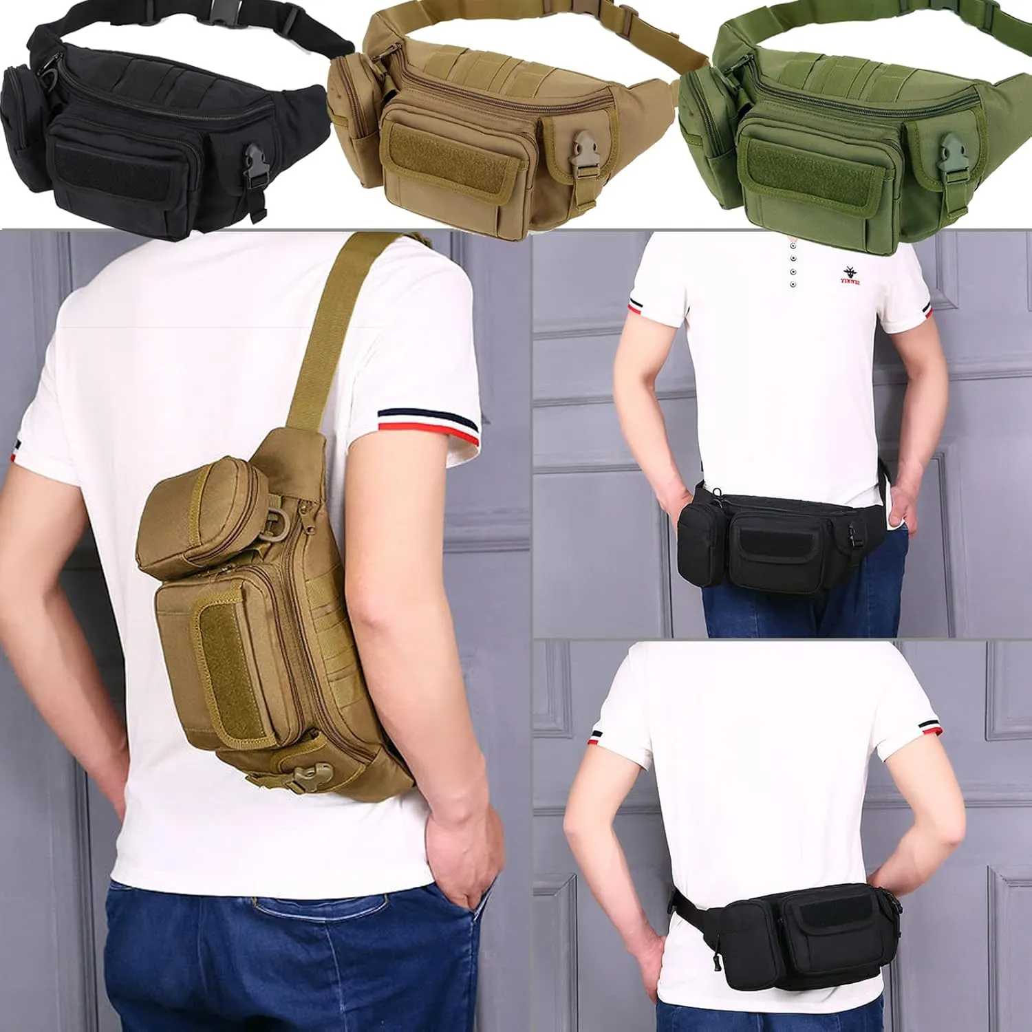 Tactical Fanny Packs, Military Waist Bag Utility Hip Belt Bags for Hiking Climbing Fishing Cycling Hunting with U.S Patch (CAIM0-A)