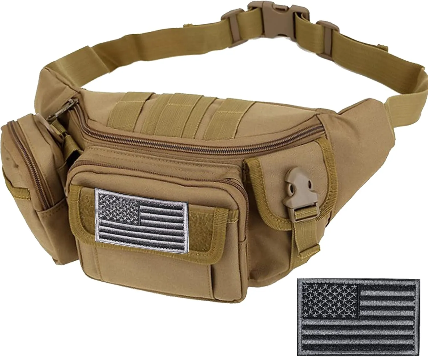 Tactical Fanny Packs, Military Waist Bag Utility Hip Belt Bags for Hiking Climbing Fishing Cycling Hunting with U.S Patch (Tan)