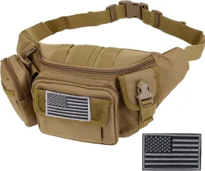 Tactical Fanny Packs, Military Waist Bag Utility Hip Belt Bags for Hiking Climbing Fishing Cycling Hunting with U.S Patch (Tan)
