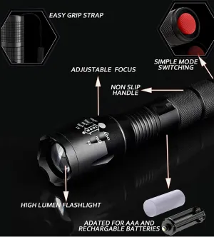 Tactical LED Zoomable Waterproof Handheld Flashlight, 2 Packs, 5 Modes for Emergency and Outdoor Use -Camping Accessories