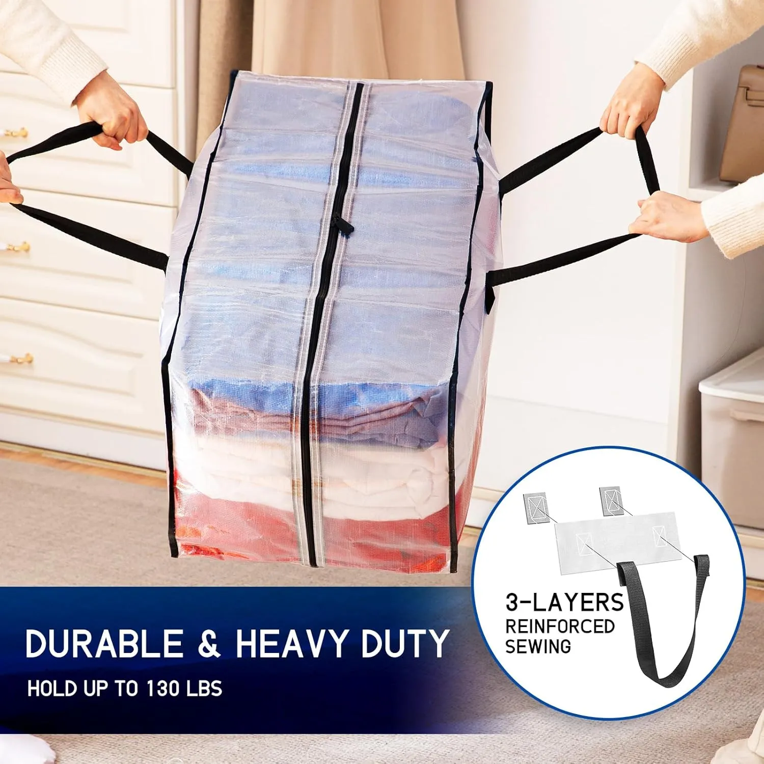 TAILI Heavy Duty Moving Bags, Clothing Storage Bags with Sturdy Zipper and Strong Handles, Clear Clothes Storage Bins, Extra Large Tote for Moving Supplies, Better than Boxes (2-Pack)