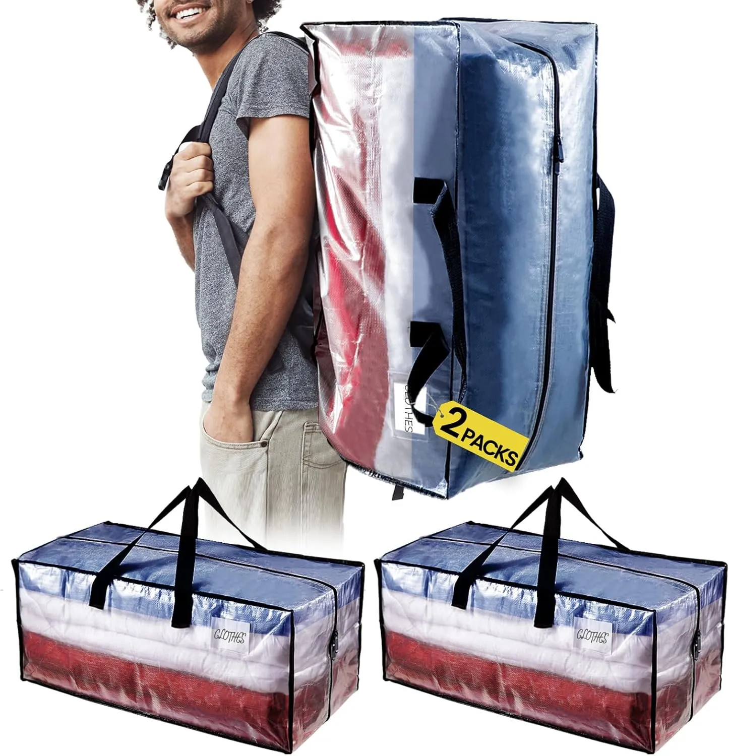 TAILI Heavy Duty Moving Bags, Clothing Storage Bags with Sturdy Zipper and Strong Handles, Clear Clothes Storage Bins, Extra Large Tote for Moving Supplies, Better than Boxes (2-Pack)