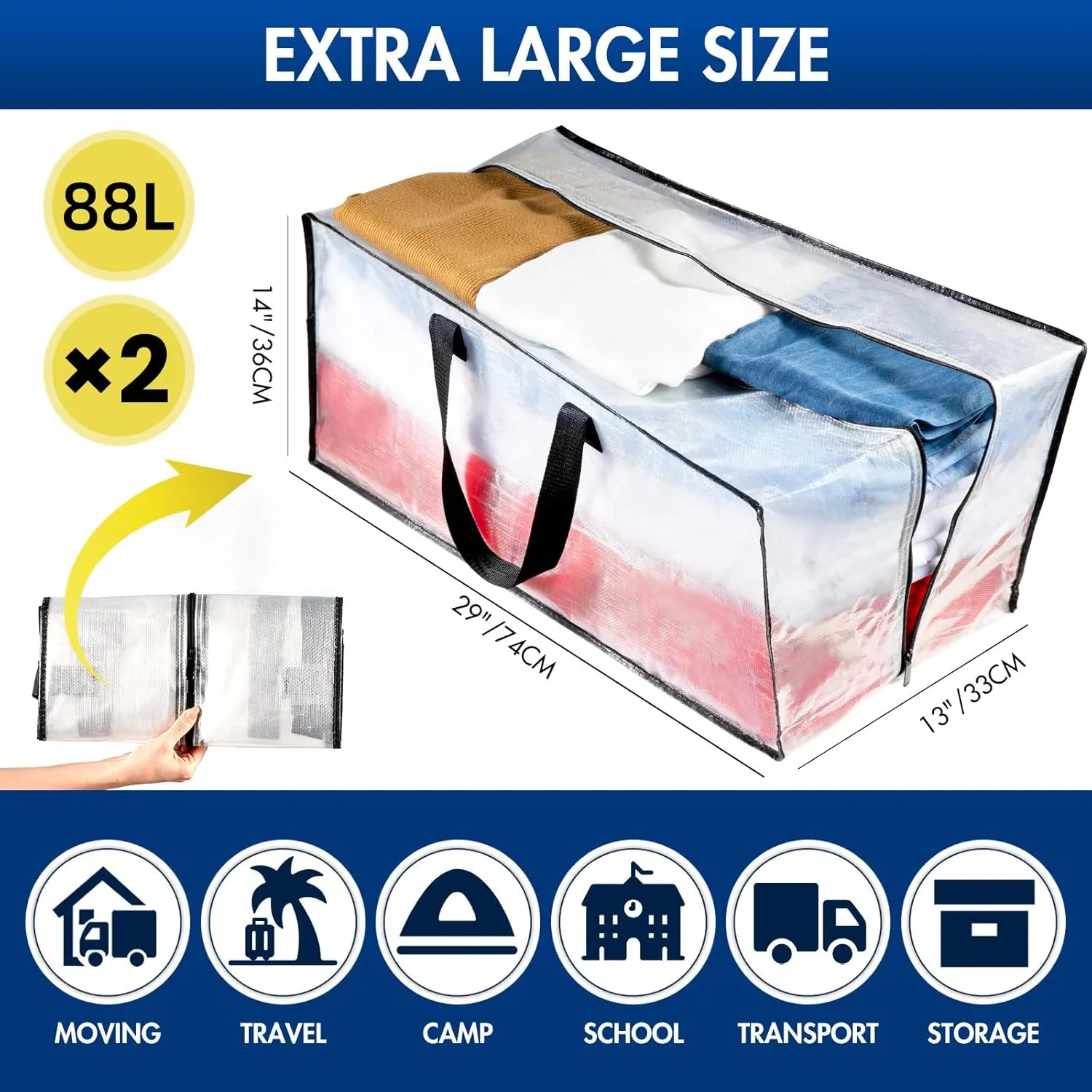 TAILI Heavy Duty Moving Bags, Clothing Storage Bags with Sturdy Zipper and Strong Handles, Clear Clothes Storage Bins, Extra Large Tote for Moving Supplies, Better than Boxes (2-Pack)