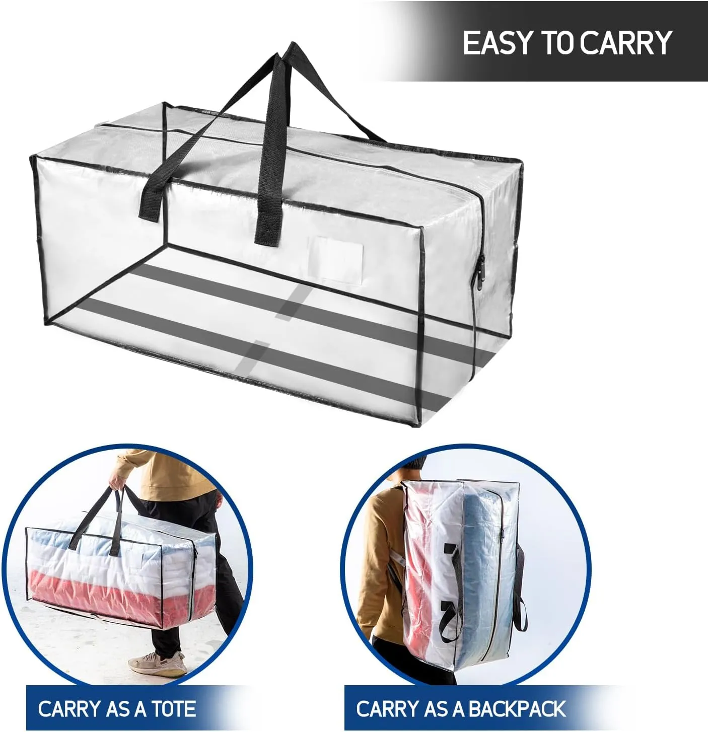 TAILI Heavy Duty Moving Bags, Clothing Storage Bags with Sturdy Zipper and Strong Handles, Clear Clothes Storage Bins, Extra Large Tote for Moving Supplies, Better than Boxes (2-Pack)