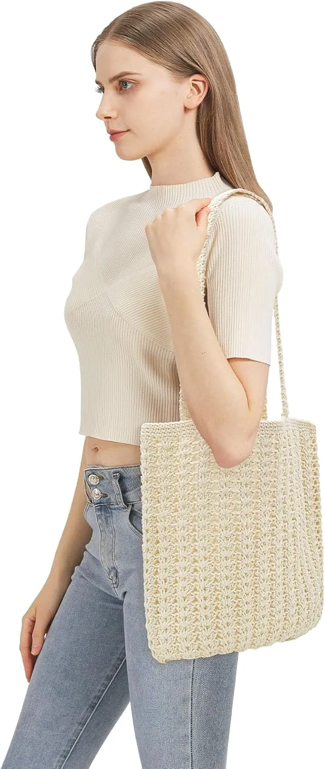 TeeYee Boho Crochet Summer Handbag Handmade Cotton Rope Knit Shoulder Bags for Women Bohemia Tote for Travel
