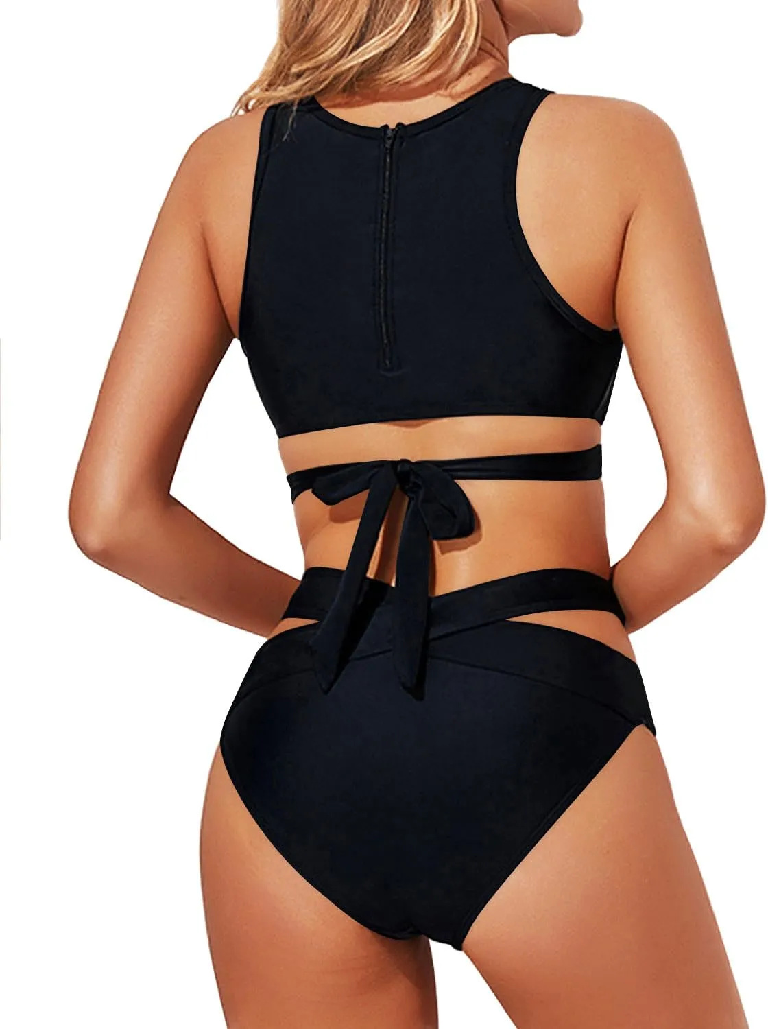 Tempt Me Women Two Piece High Neck Bikini Set Cutout Swimsuit Criss Cross Bandage Bathing Suit with Bottom
