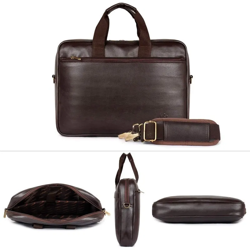 The CLOWNFISH Hudson 15.6 inch Laptop Briefcase - Premium Vegan Leather | Adjustable Shoulder Strap | Dark Brown
