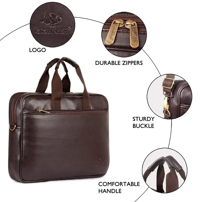The CLOWNFISH Hudson 15.6 inch Laptop Briefcase - Premium Vegan Leather | Adjustable Shoulder Strap | Dark Brown