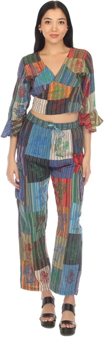THE COLLECTION ROYAL Women Hippie Patchwork Bohemian Casual Rave Festival Harem Drawstring Boho Trouser Pants