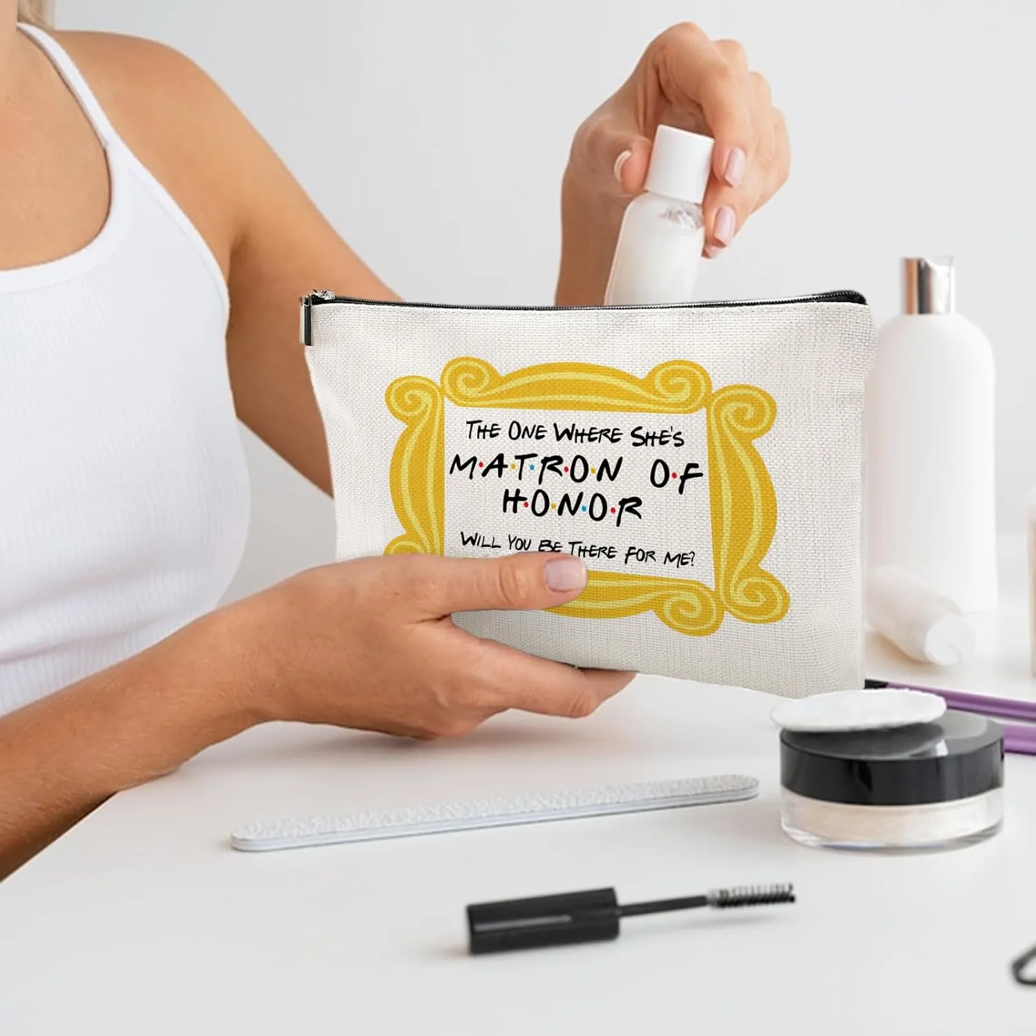 The One Where She's Matron Of Honor, Gift for Bridesmaid,Bachelorette Party Wedding Gifts for Besties Friends Makeup Bag Purse Cosmetic Bag for Women