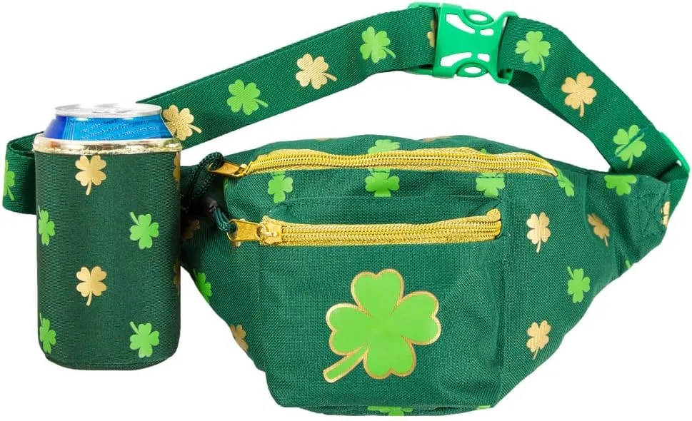 Tipsy Elves St Patrick’s Day Clover Fanny Pack with Drink Holder - Green Adjustable Belt Waist Packs - Secure Zipper Pocket for Storing Essentials