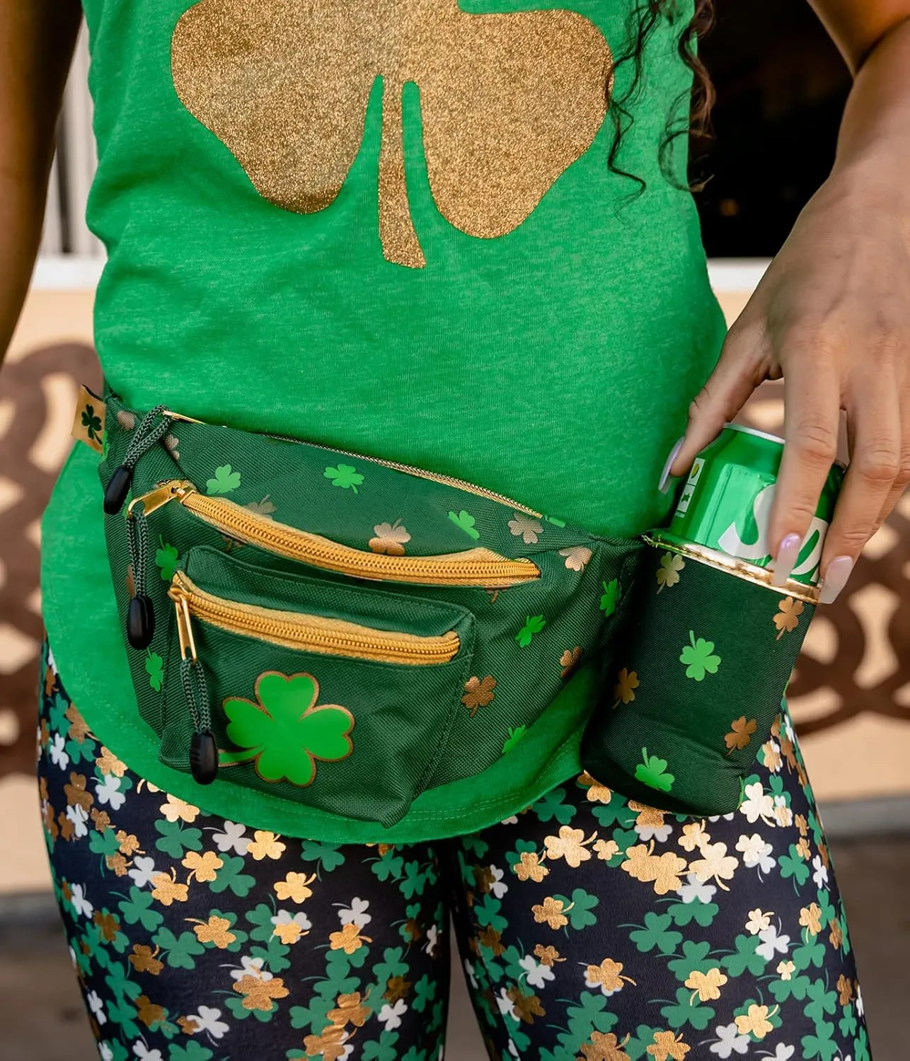 Tipsy Elves St Patrick’s Day Clover Fanny Pack with Drink Holder - Green Adjustable Belt Waist Packs - Secure Zipper Pocket for Storing Essentials