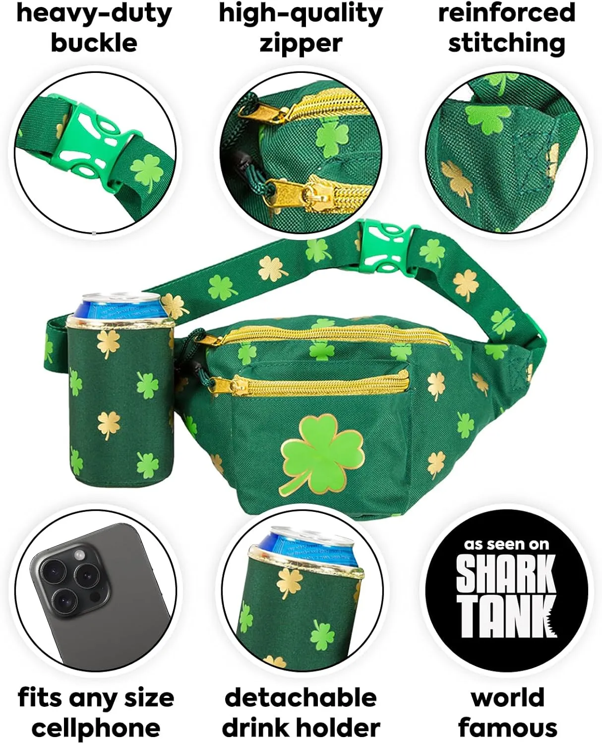 Tipsy Elves St Patrick’s Day Clover Fanny Pack with Drink Holder - Green Adjustable Belt Waist Packs - Secure Zipper Pocket for Storing Essentials