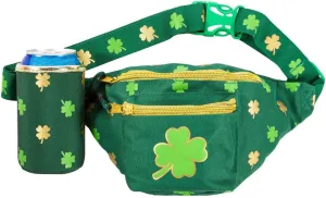 Tipsy Elves St Patrick’s Day Clover Fanny Pack with Drink Holder - Green Adjustable Belt Waist Packs - Secure Zipper Pocket for Storing Essentials