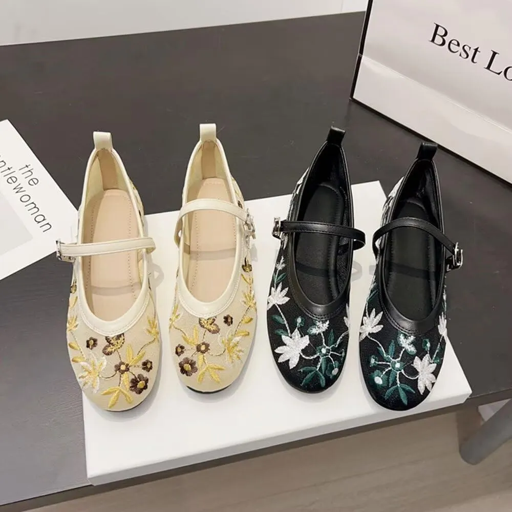TN TANGNEST Women's Floral Embroidered Vintange Buckle Flat Shoes Round Toe Dress Mary Jane Shoes