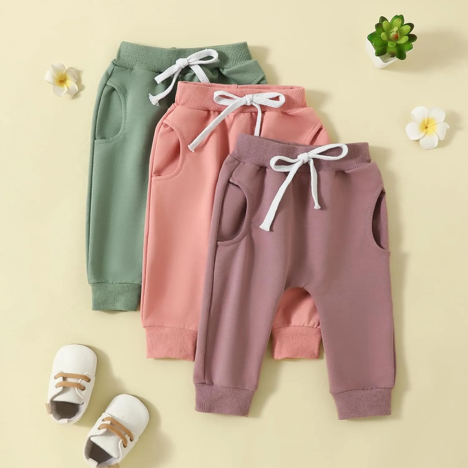 Toddler Baby Boys Girls Sweatpants 3 Pack Solid Color Elastic Waist Trousers Bottoms Casual Pants Multipacks Long Pants