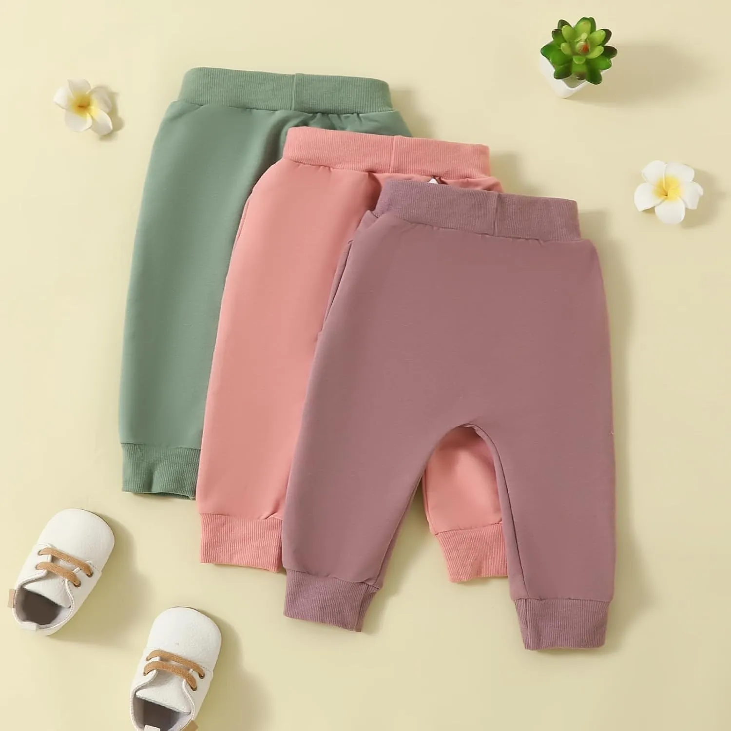Toddler Baby Boys Girls Sweatpants 3 Pack Solid Color Elastic Waist Trousers Bottoms Casual Pants Multipacks Long Pants