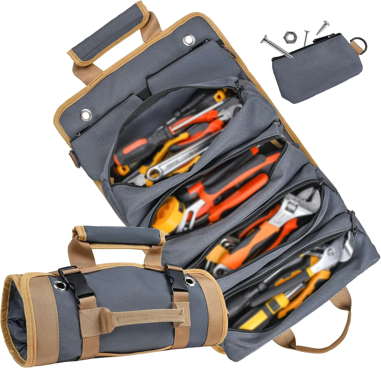 Tool Bag, Tool Bags for Men, Heavy Duty Tool Organizer, Portable Roll Up Tool Bag Gifts For Him, Mechanic, Electrician and Hobbyist, Car Tool Roll Organizer - Grey